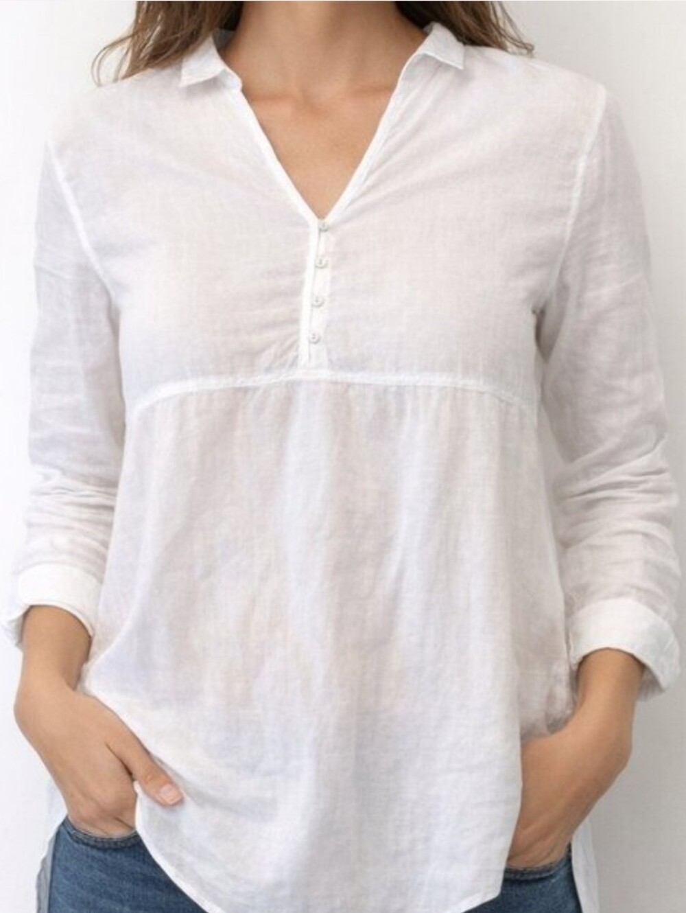 Sigrid Olsen L Women's White 100% Linen Long-Sleeve Button V-neck Popover Tunic